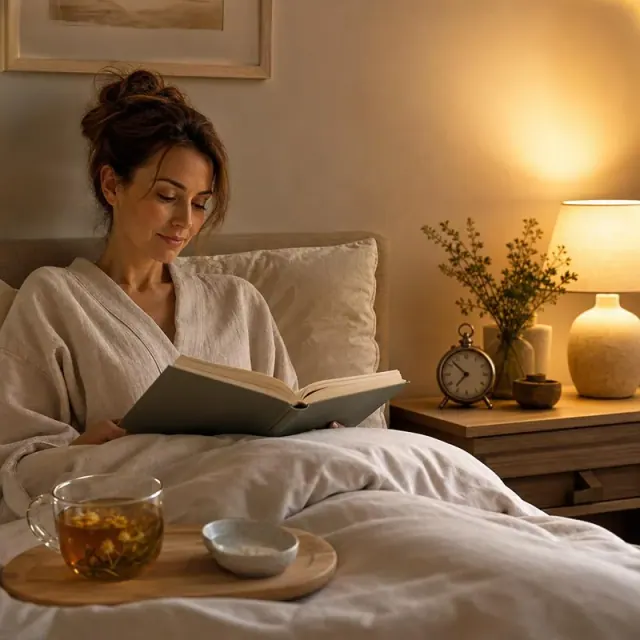 Woman unwinding with a book in bed