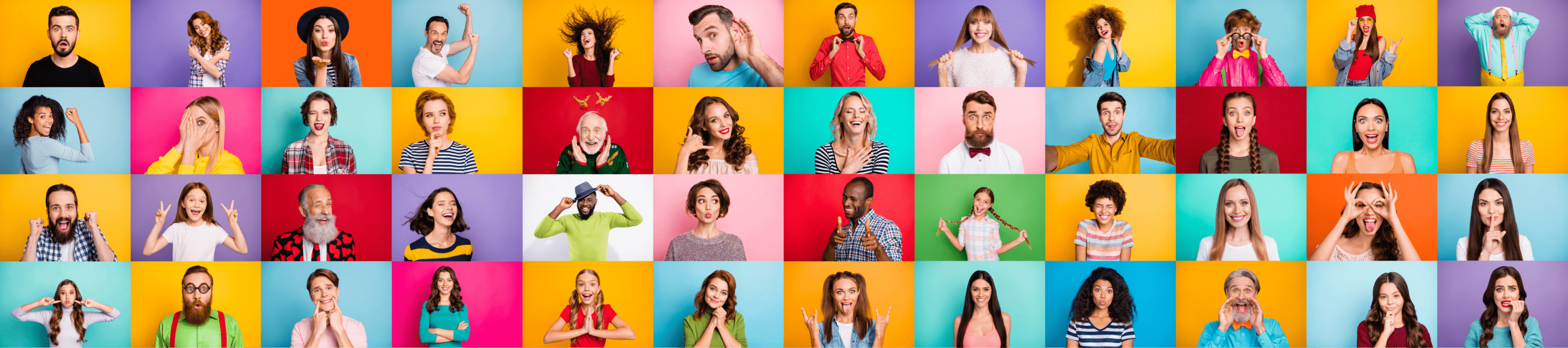 A collage of people with different facial expressions on colorful backgrounds